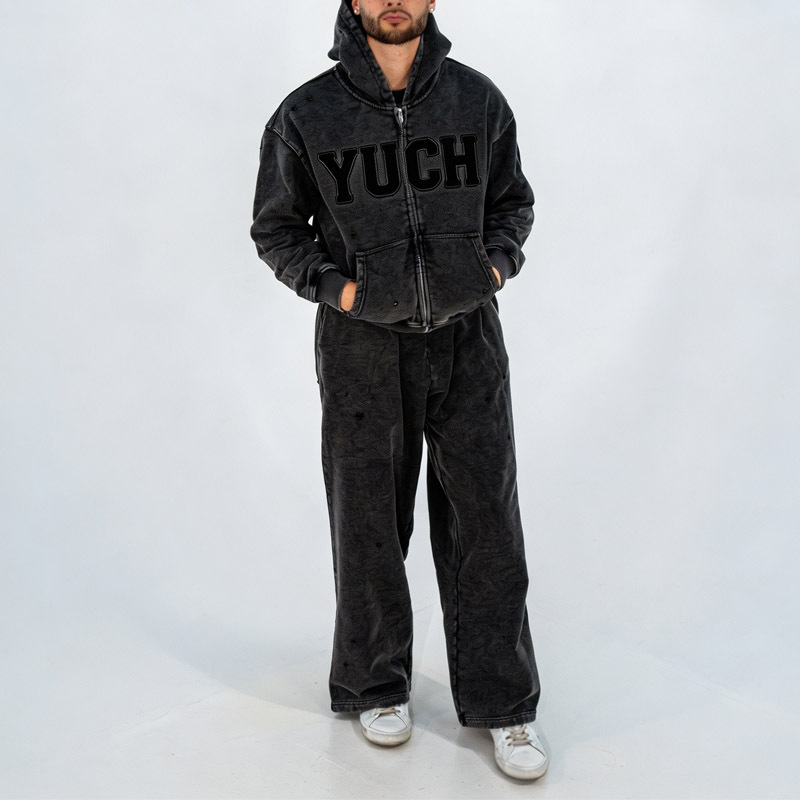 Men's Charcoal Washed 400G Heavyweight Fleece Applique Embroidery Distressed Hoodie Wide Leg Sweatpants Set Cotton Tracksuit