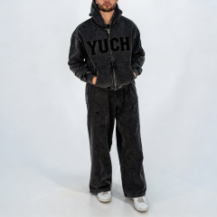 Men's Charcoal Washed 400G Heavyweight Fleece Applique Embroidery Distressed Hoodie Wide Leg Sweatpants Set Cotton Tracksuit