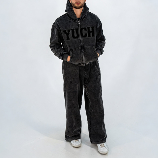 Men's Charcoal Washed 400G Heavyweight Fleece Applique Embroidery Distressed Hoodie Wide Leg Sweatpants Set Cotton Tracksuit