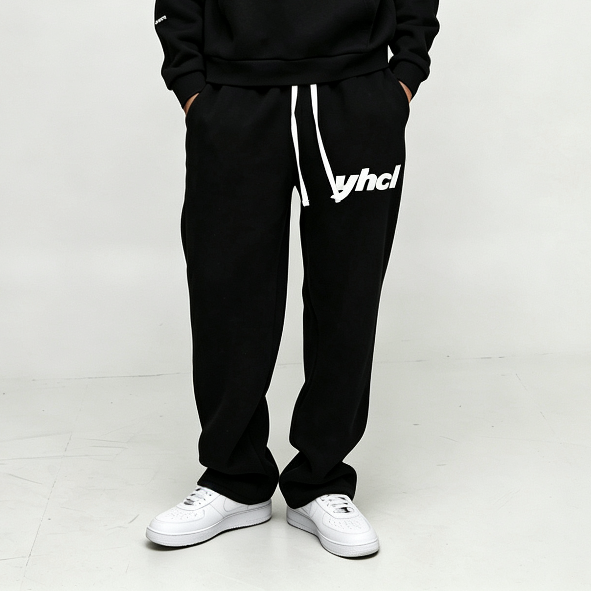Custom Screen Print Graphic Black Fleece 2 Pieces Boxy Fit Baggy Cotton Pullover Apparel Men's Urban Streetwear Jogger Set