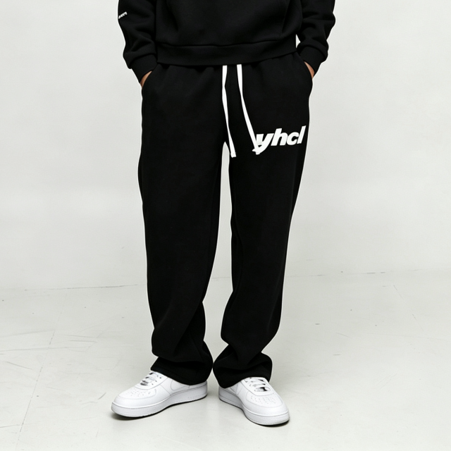 Custom Screen Print Graphic Black Fleece 2 Pieces Boxy Fit Baggy Cotton Pullover Apparel Men's Urban Streetwear Jogger Set