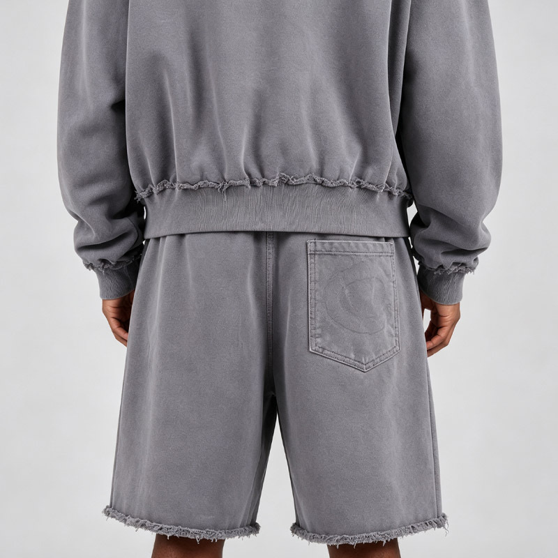 Men Boxy Oversized Full Zip Hoodie Short Tracksuit Washed Distressed Raw Hem 100% Cotton Heavyweight French Terry Screen Print