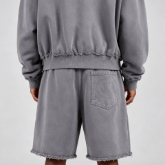 Men Boxy Oversized Full Zip Hoodie Short Tracksuit Washed Distressed Raw Hem 100% Cotton Heavyweight French Terry Screen Print