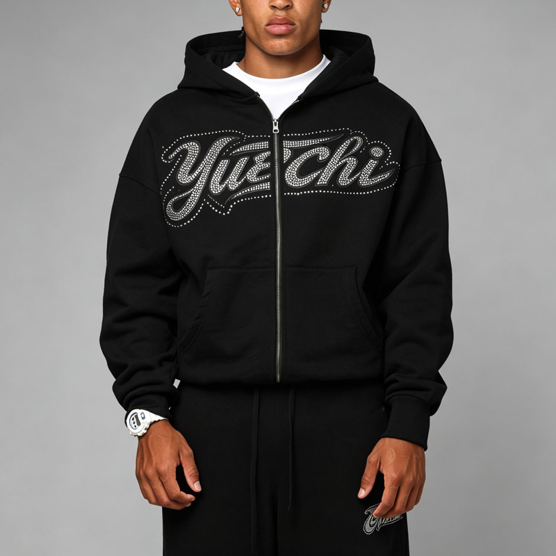 Custom Streetwear Mens Black Full Zip Hoodie Dropped Shoulder Rhinestone Decor Brushed Fleece Lining Relaxed Fit Tracksuit
