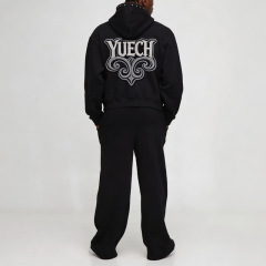 Custom Men Boxy Oversized Full Zip Hoodie Tracksuit 2 Piece Set 100% Cotton French Terry Heart Applique Embroidery Streetwear