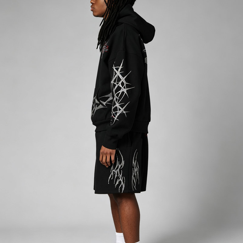 Custom Men Pullover Tracksuit 500G 100% Cotton French Terry Rhinestone Embroidery Oversized Hoodie Knee Length Shorts Streetwear