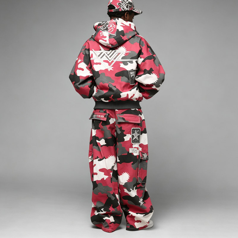 Custom Street Mens Camo Oversized Boxy Fit Full Zip Hoodie DTG Print Embroidery Cargo Pocket Rip Distress Lining Tracksuit