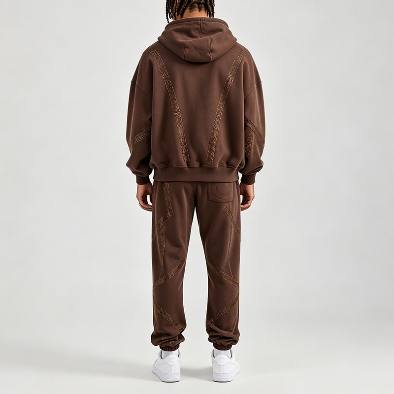 Custom Mens Chocolate Brown Rhinestone Tracksuit Set Zip up Hooded Jacket Oversized Fit Elastic Waist Cuffed Jogger Pants