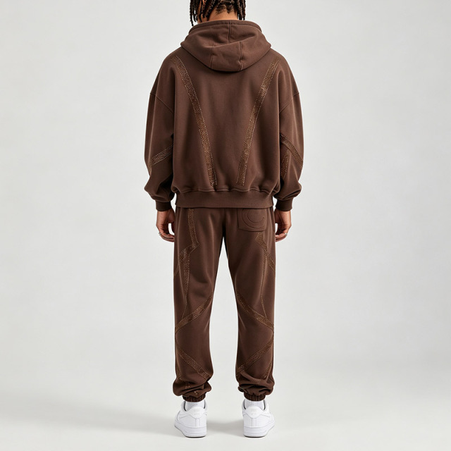 Custom Mens Chocolate Brown Rhinestone Tracksuit Set Zip up Hooded Jacket Oversized Fit Elastic Waist Cuffed Jogger Pants
