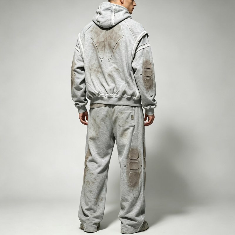 Men's Mud Dye Vintage Tactical Tracksuit Detachable Sleeve Full Zip Hoodie Embossed Heavyweight French Terry Dark Avant Garde