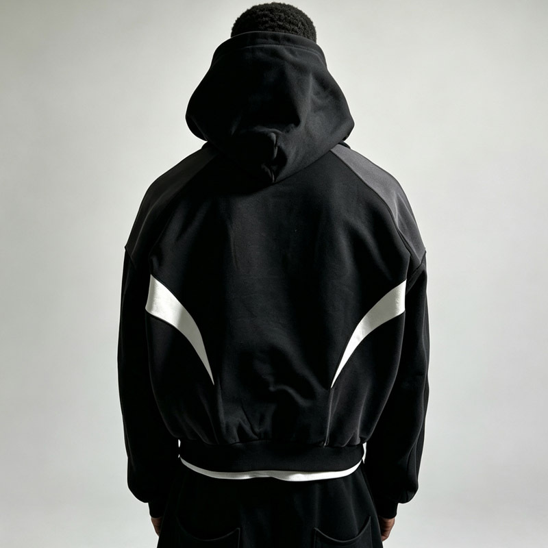 Men 100% Cotton French Terry Zip up Hoodie Tracksuit Boxy Cropped Drop Shoulder Color Block Curved Panel Screen Print Streetwear