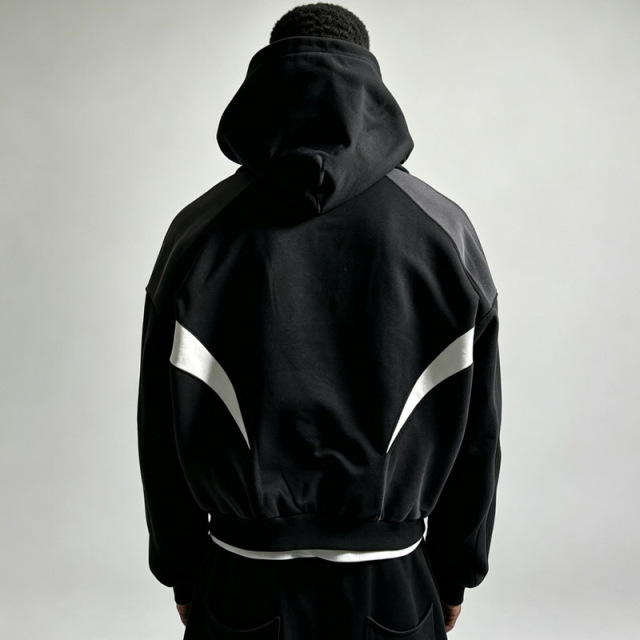 Men 100% Cotton French Terry Zip up Hoodie Tracksuit Boxy Cropped Drop Shoulder Color Block Curved Panel Screen Print Streetwear