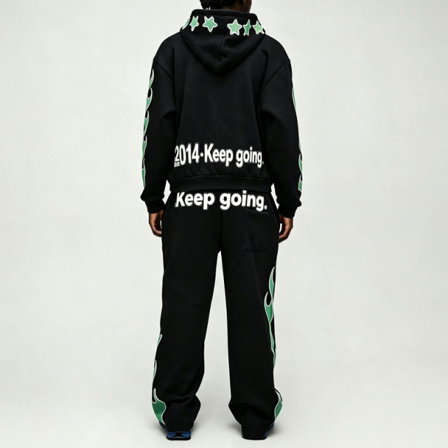 Custom Puff Printing Applique 2 Pieces Full Zip Boxy Fit Black Cotton Fleece Men's Heavyweight Winter Streetwear Tracksuit Set