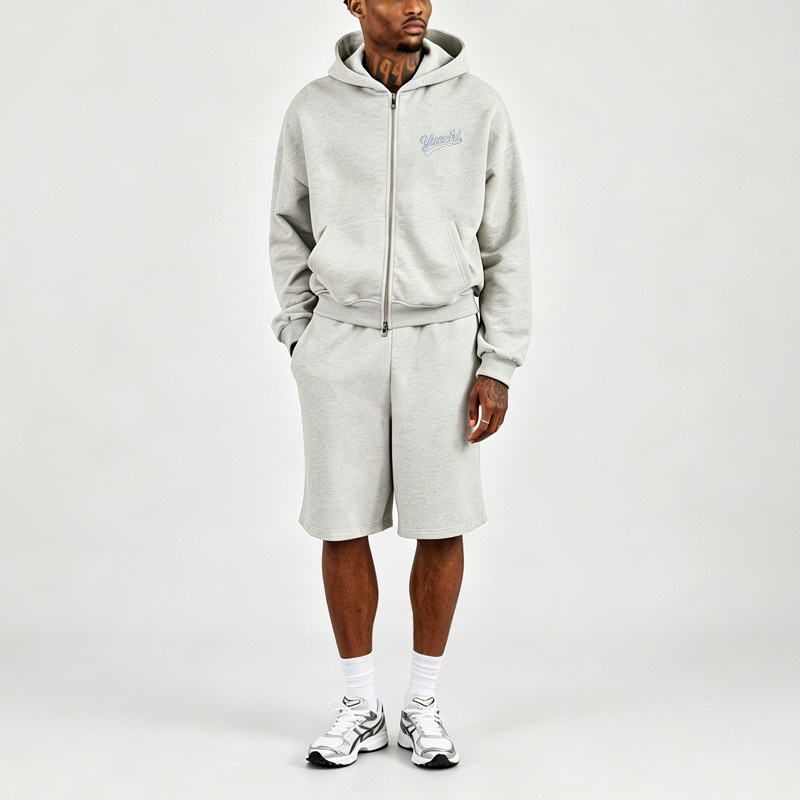 Men Boxy Oversized Full Zip Hoodie Shorts Tracksuit 2 Piece Set Heather Grey French Terry Dual Zipper Embroidery Knee Length