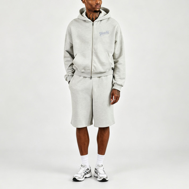Men Boxy Oversized Full Zip Hoodie Shorts Tracksuit 2 Piece Set Heather Grey French Terry Dual Zipper Embroidery Knee Length
