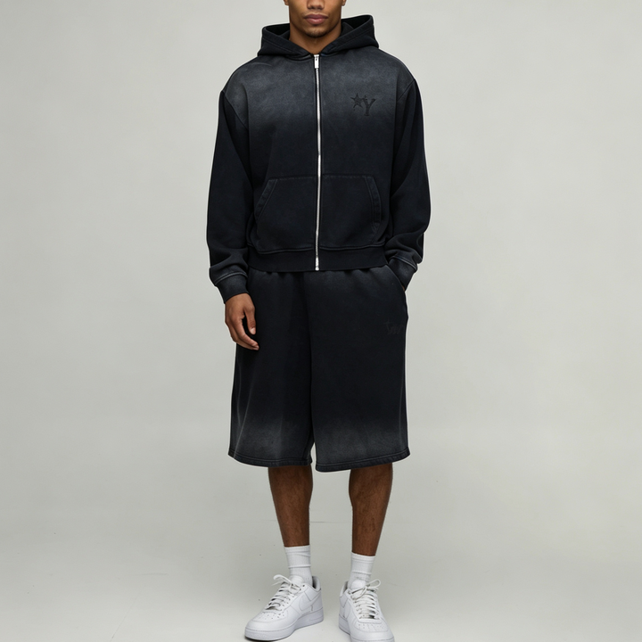 Custom Sun Faded Embroidery Full Zip Hoodie Knee Length Shorts 2 Pieces Washed Black Cotton French Terry Men's Casual Tracksuit