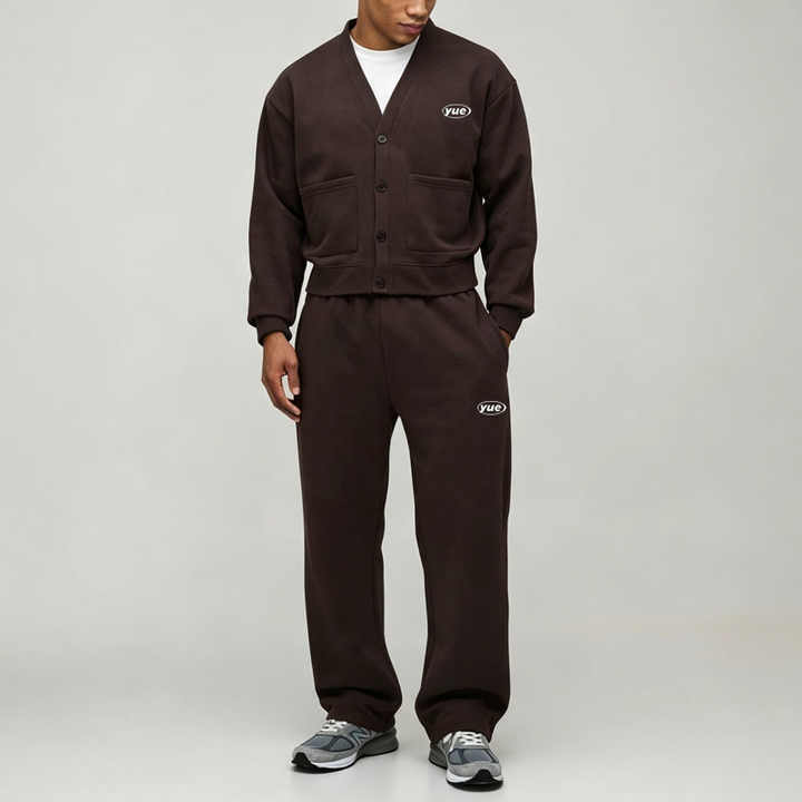 Custom Button Cardigan V-Neck Winter Streetwear 2-Piece Boxy Fit Wide Leg Cotton Fleece Grey Brown Men's Sportswear Tracksuit