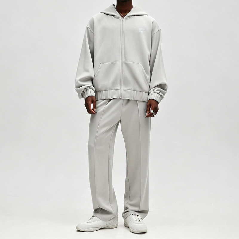 Custom Men Light Grey Full Zip up Hoodie Wide Leg Sweatpants Oversized Drop Shoulder Tracksuit Streetwear Two Piece Set