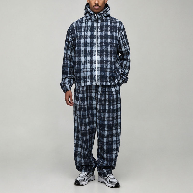 Custom Regular Fit Nylon Check 2 Pieces Zip up Hooded Cotton Polyester Plaid Blue Black Streetwear Men's Flannel Tracksuit Set