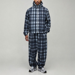 Custom Regular Fit Nylon Check 2 Pieces Zip up Hooded Cotton Polyester Plaid Blue Black Streetwear Men's Flannel Tracksuit Set