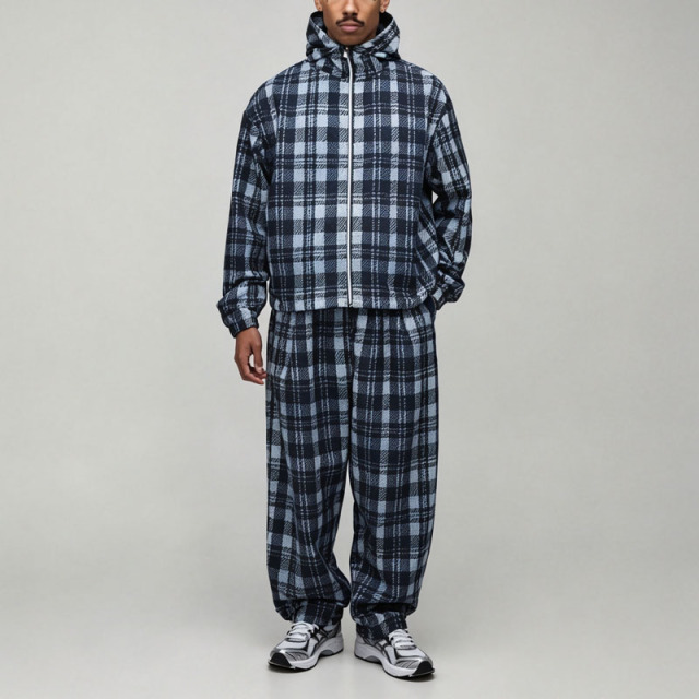 Custom Regular Fit Nylon Check 2 Pieces Zip up Hooded Cotton Polyester Plaid Blue Black Streetwear Men's Flannel Tracksuit Set