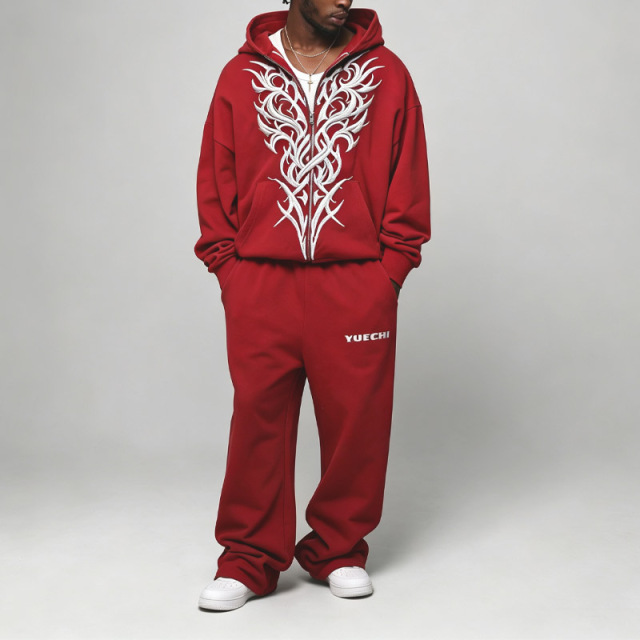 Custom Men Oversized Full Zip Hooded Tracksuit Fleece Embroidery Dropped Shoulder Elastic Waist Wide Leg Winter Streetwear