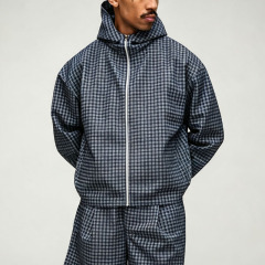 Custom Made Plaid Full Zip 2 Pieces Regular Fit Hooded Jacket Shorts Drawstring Grey Blue Cotton Men's Casual Lightweight