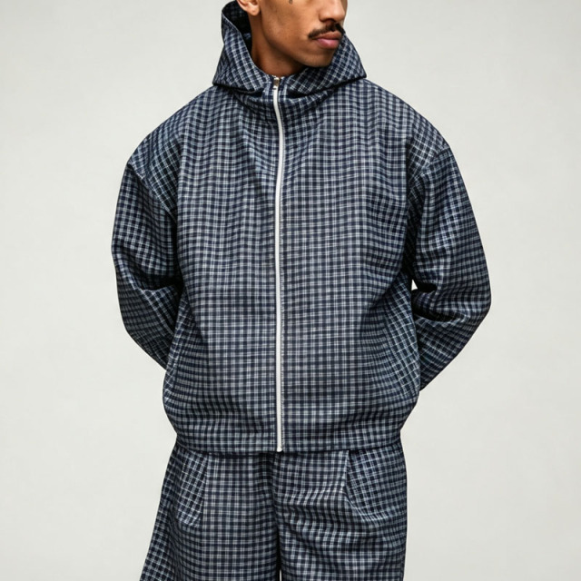 Custom Made Plaid Full Zip 2 Pieces Regular Fit Hooded Jacket Shorts Drawstring Grey Blue Cotton Men's Casual Lightweight