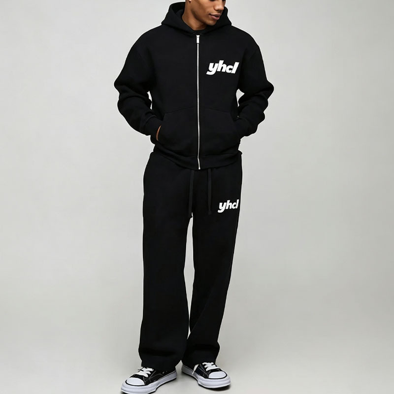 Custom Puff Printing 2 Pieces Full Zip up Hooded Boxy Fit Wide Leg Black Cotton Fleece Urban Men's Tracksuit Set