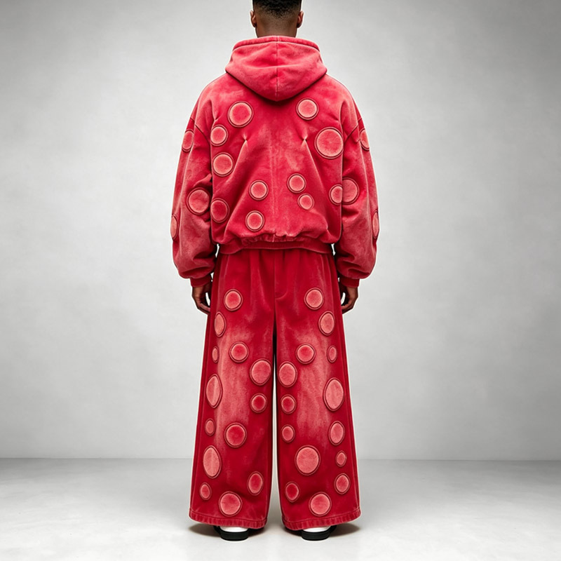 Custom Men's Sun Faded Red Heavyweight Fleece Tracksuit 3D Applique Embroidery Full Zip Cropped Hoodie Wide Leg Pants