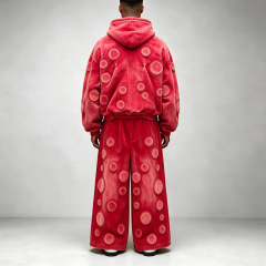 Custom Men's Sun Faded Red Heavyweight Fleece Tracksuit 3D Applique Embroidery Full Zip Cropped Hoodie Wide Leg Pants