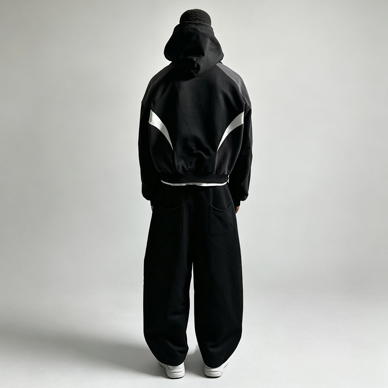 Men 100% Cotton French Terry Zip up Hoodie Tracksuit Boxy Cropped Drop Shoulder Color Block Curved Panel Screen Print Streetwear