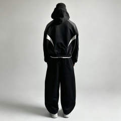 Men 100% Cotton French Terry Zip up Hoodie Tracksuit Boxy Cropped Drop Shoulder Color Block Curved Panel Screen Print Streetwear