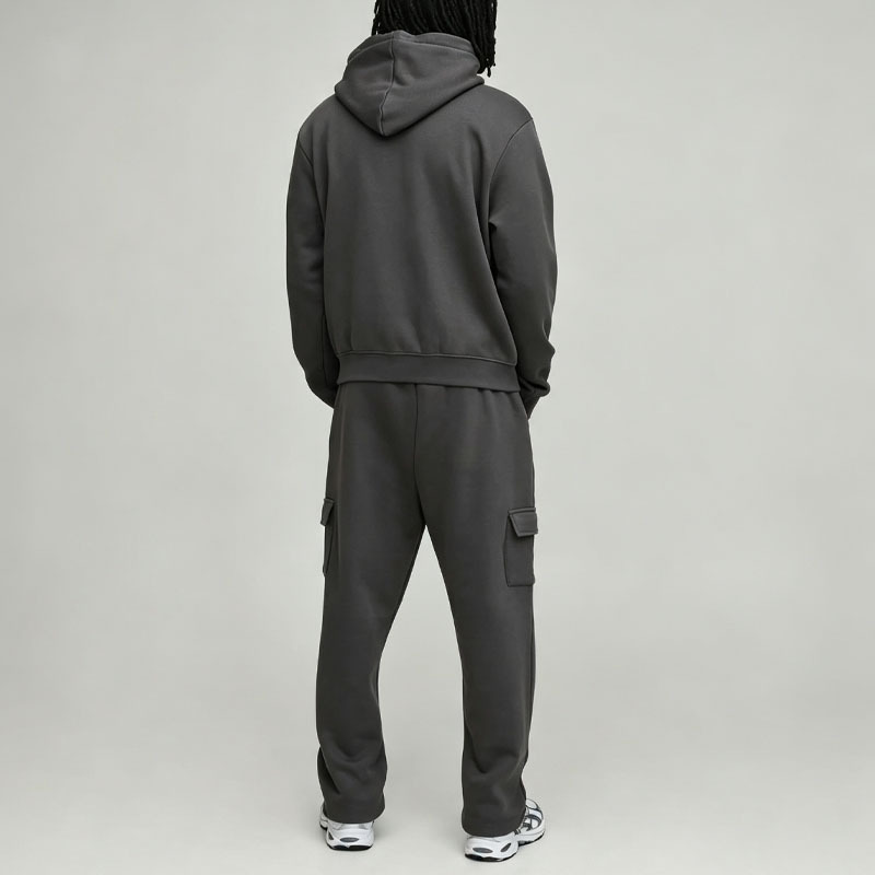 Custom Men's Tall Boxy Hooded Cargo 100% Cotton Solid Tracksuit Oversized Relaxed Silhouette Blank Streetwear Two Piece Set