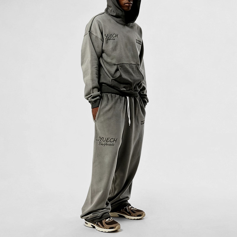 Men Heavy Wash Grey Heavyweight French Terry Vintage Spray Printing Embroidery Hoodie Wide Leg Floor Length Sweatpants Tracksuit