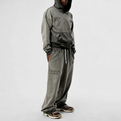 Men Heavy Wash Grey Heavyweight French Terry Vintage Spray Printing Embroidery Hoodie Wide Leg Floor Length Sweatpants Tracksuit