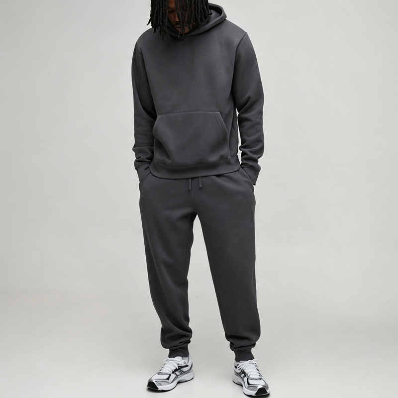 Custom Made Heavyweight Vintage Tracksuit 2 Pieces Black Grey Fleece Plain Urban Apparel Men's Streetwear Jogger Set