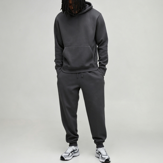 Custom Made Heavyweight Vintage Tracksuit 2 Pieces Black Grey Fleece Plain Urban Apparel Men's Streetwear Jogger Set