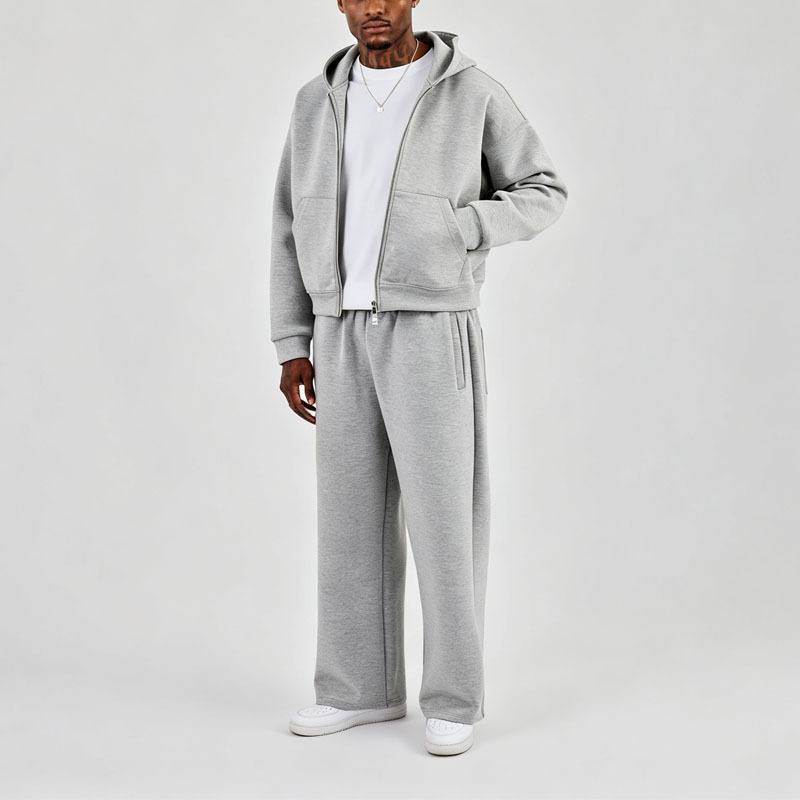 Custom Men Winter Air Layer Fabric Embroidery Boxy Zip-Up Hooded Hoodie Baggy Wide-Leg Pant Side Pockets Oversized Streetwear
