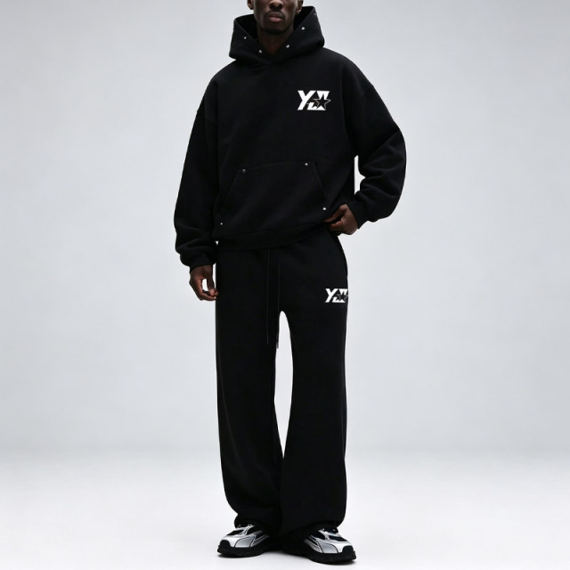 Custom Men's Black Studded Hoodie French Terry Tracksuit Oversized Pullover Hoodie Wide Leg Sweatpants Screen Print Streetwear