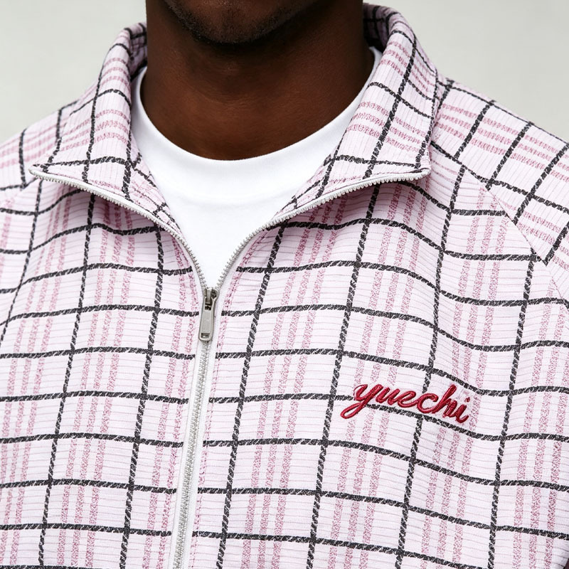 Custom Sets Wholesale Manufacturer Checkered Zip Front 2 Pieces Relaxed Fit Pink White Cotton Men's pink Retro Tracksuit,Leading Custom Apparel Manufacturer | Your Trusted China Sourcing Partner | YC/YUECHI,Custom Wholesale Manufacturer Checkered Zip Front 2 Pieces Relaxed Fit Pink White Cotton Men's pink Retro Tracksuit