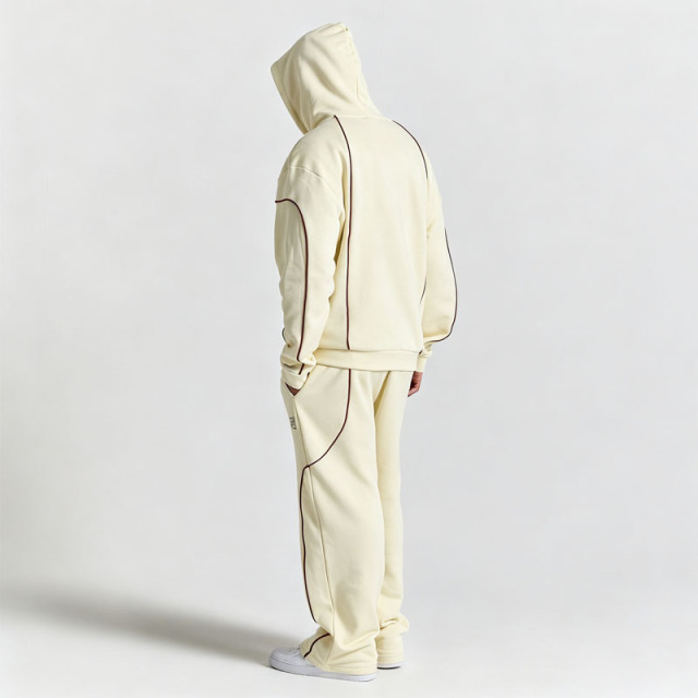 Men's Oversized Full Zip Hoodie Tracksuit Heavyweight 100% Cotton French Terry Embroidered Contrast Piping Wide Leg Sweatpants