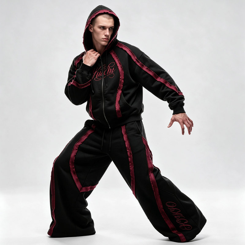 Custom Men's Black Burgundy Contrast Jersey Knit Tracksuit Deconstructed Raw Edge Full Zip Hoodie Embroidery Wide Leg Pants