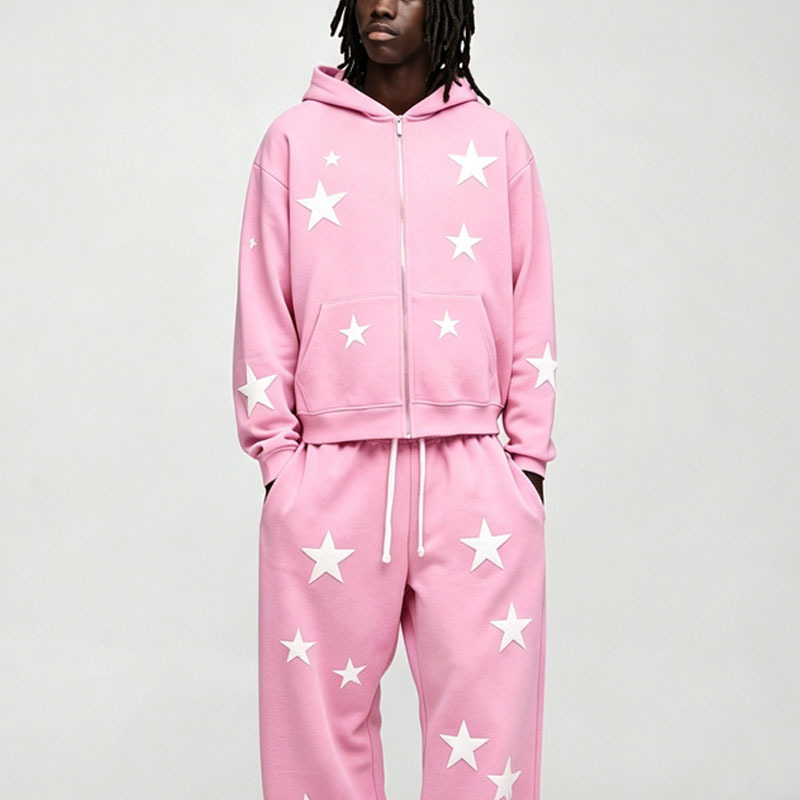 Custom Applique Embroidery 2 Pieces Regular Fit Wide Leg Drawstring Hooded Casual Urban Streetwear Men's Full Zip Tracksuit Set