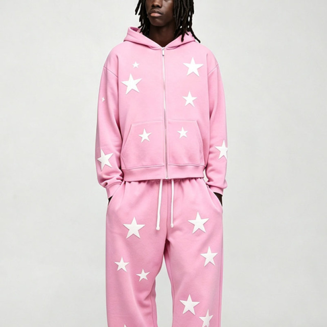 Custom Applique Embroidery 2 Pieces Regular Fit Wide Leg Drawstring Hooded Casual Urban Streetwear Men's Full Zip Tracksuit Set