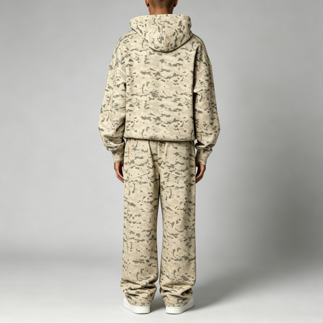 Men Boxy Dropped Shoulder Hoodie Tracksuit DTG Full Camo Print Puff Printing French Terry Elastic Waist Wide Leg Sweatpants