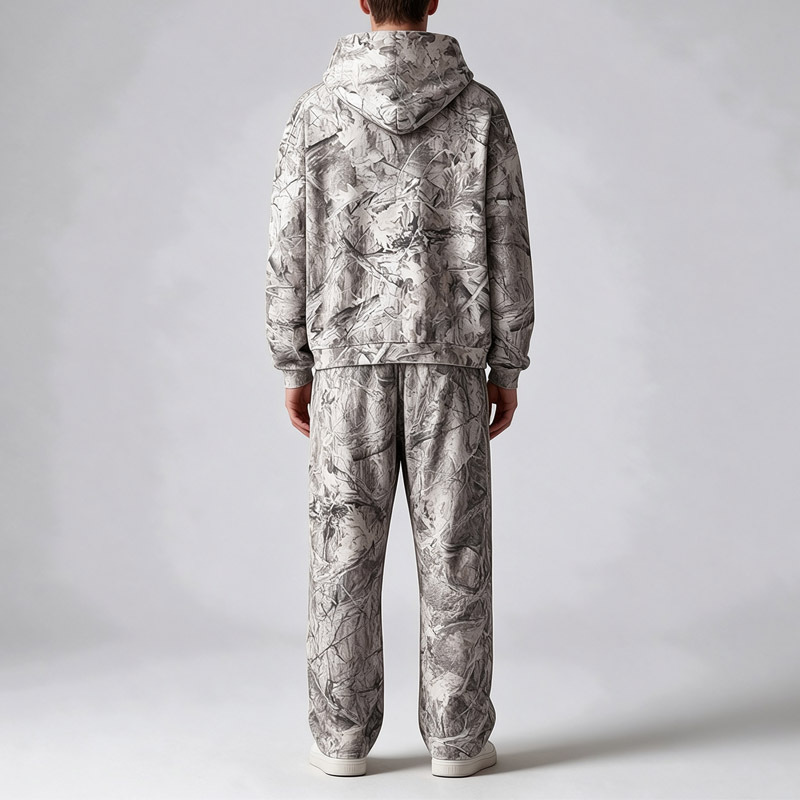 Men All Over Camo Print Full Zip Hooded Tracksuit Boxy Oversized Dropped Shoulder Silkscreen Print Streetwear Two Piece Set