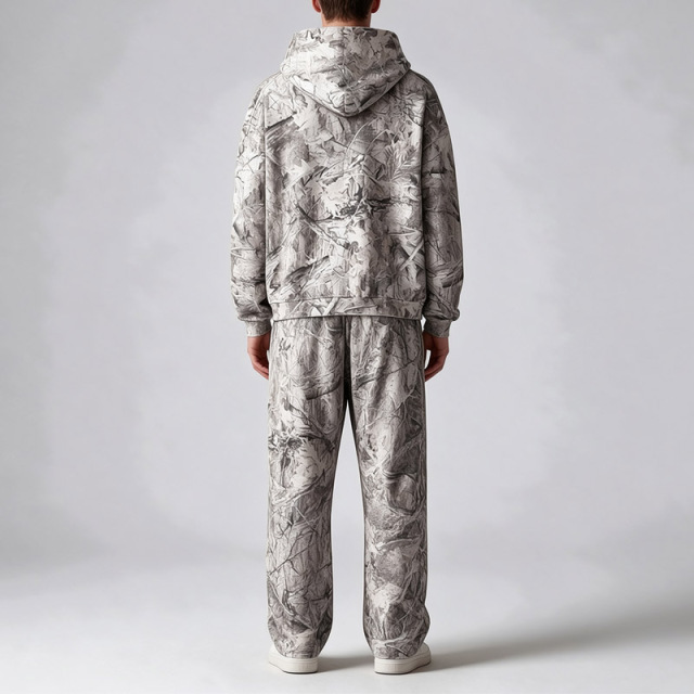 Men All Over Camo Print Full Zip Hooded Tracksuit Boxy Oversized Dropped Shoulder Silkscreen Print Streetwear Two Piece Set