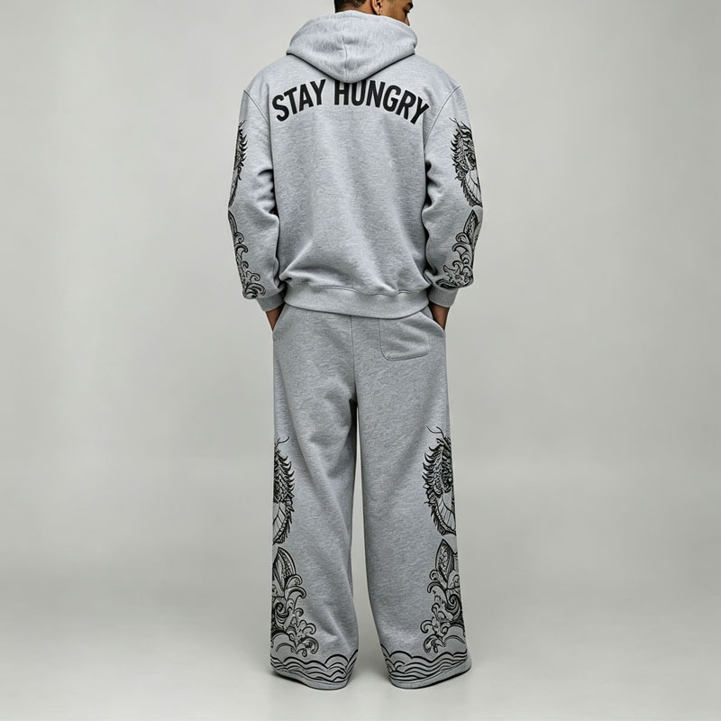 Custom Flocked DTG Printing 100% Pure Cotton French Terry 2 Pieces Boxy Baggy Heather Grey Men's Winter Streetwear Hooded