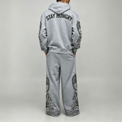 Custom Flocked DTG Printing 100% Pure Cotton French Terry 2 Pieces Boxy Baggy Heather Grey Men's Winter Streetwear Hooded